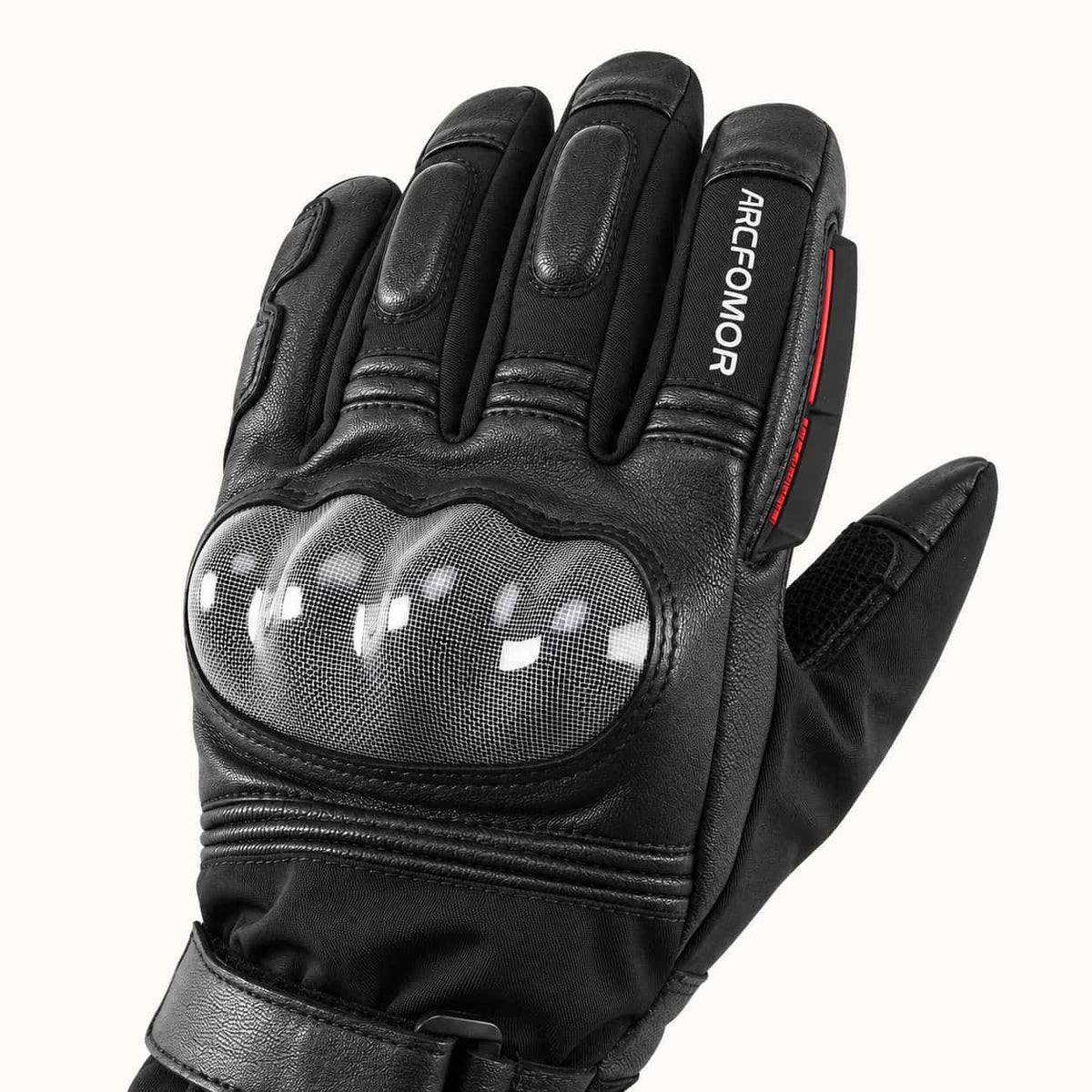 Close-up of the Basalt glove’s index-finger visor wiper, leather finger panels and carbon-fiber knuckle shell.