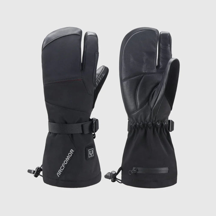 Crab Claw 3-finger heated lobster gloves shown from the back and goatskin palm