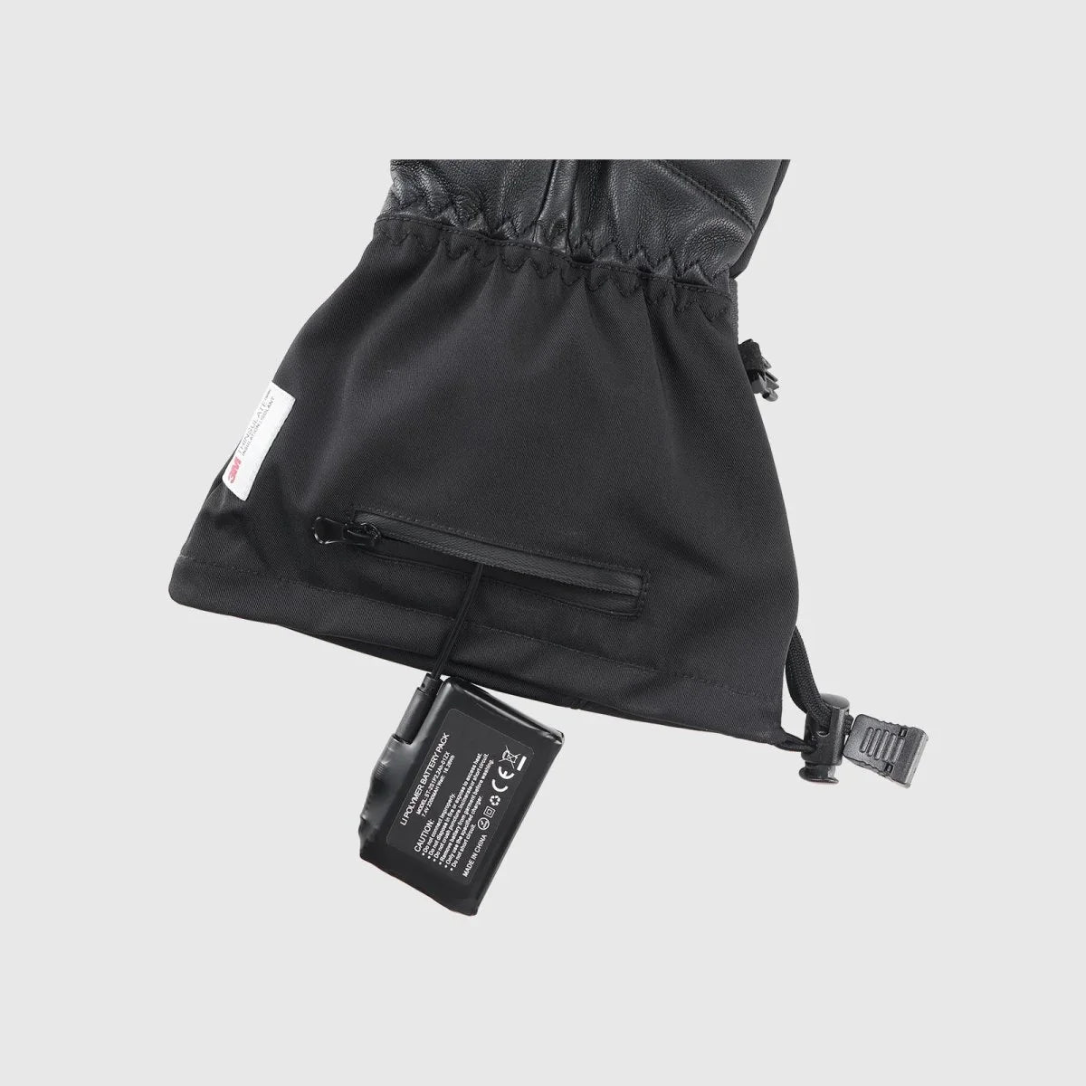 Crab Claw heated lobster glove long cuff with waterproof battery-pocket zipper, battery and 3M insulation label