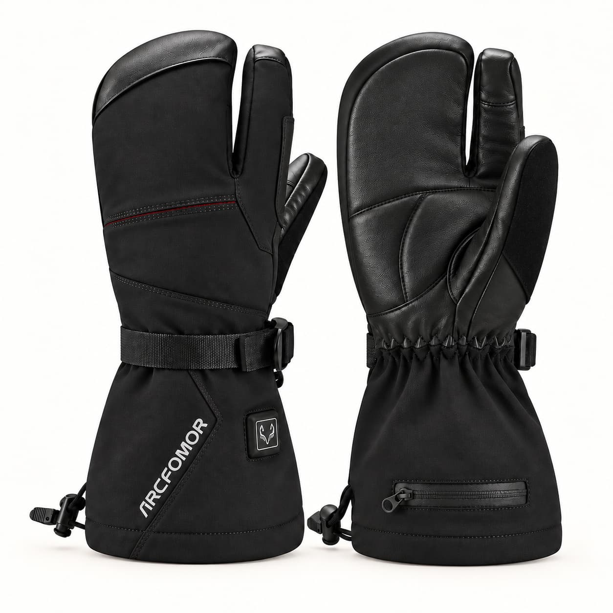 Black Arcfomor Crab Claw heated lobster gloves shown from the back and palm, with separate thumb and index compartments.