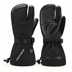 Black Arcfomor Crab Claw heated lobster gloves shown from the back and palm, with separate thumb and index compartments.