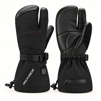 Black Arcfomor Crab Claw heated lobster gloves shown from the back and palm, with separate thumb and index compartments.