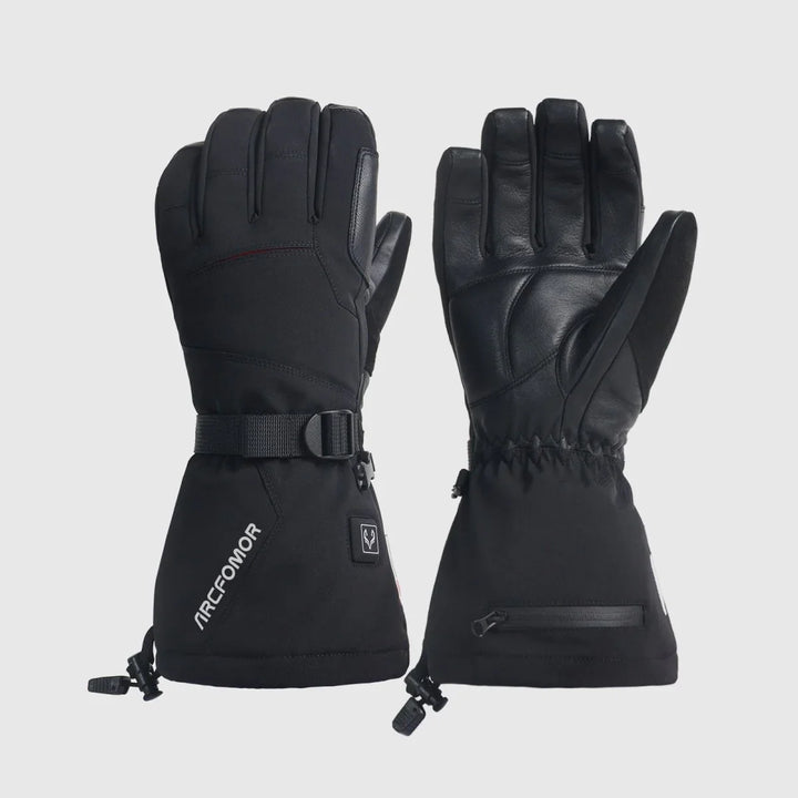 Crab Leg five-finger heated snow gloves shown from the back and goatskin palm