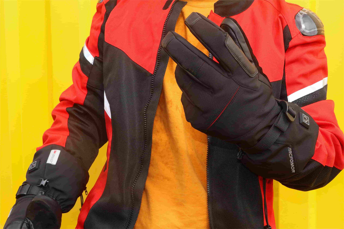 Rider wearing Crab Leg five-finger heated gloves for a casual cold-weather ride