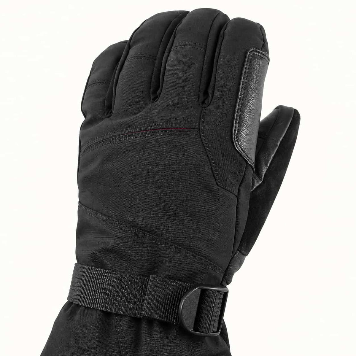 Crab Leg glove back showing woven fabric, stitched finger joints, leather side reinforcement and an adjustable wrist strap.