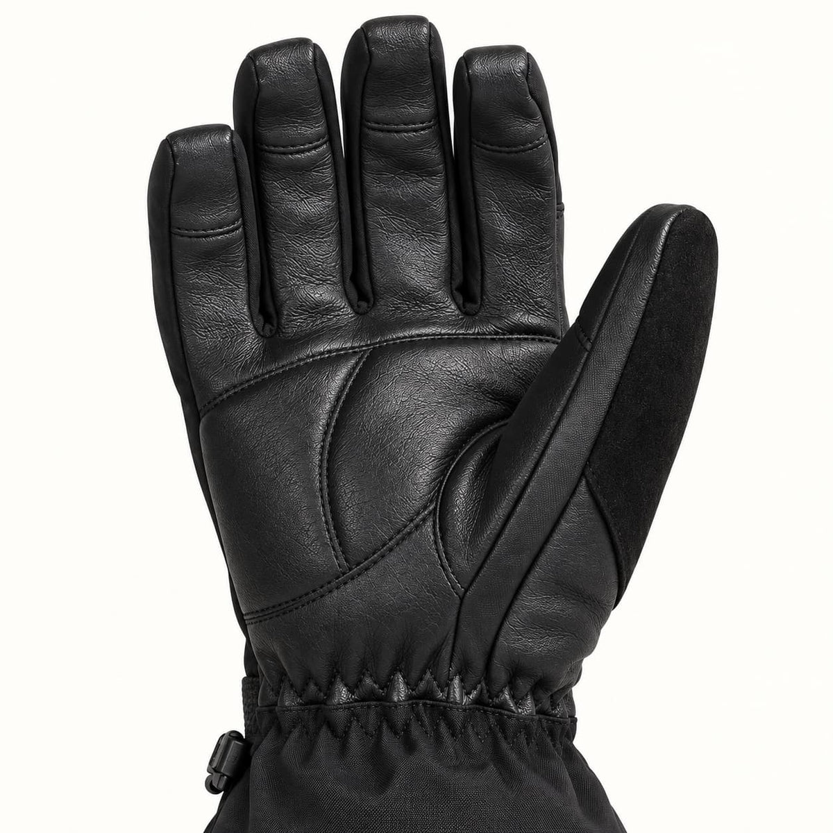Black goatskin palm of the Crab Leg glove, showing fine leather grain, finger-pad seams and a curved thumb panel.