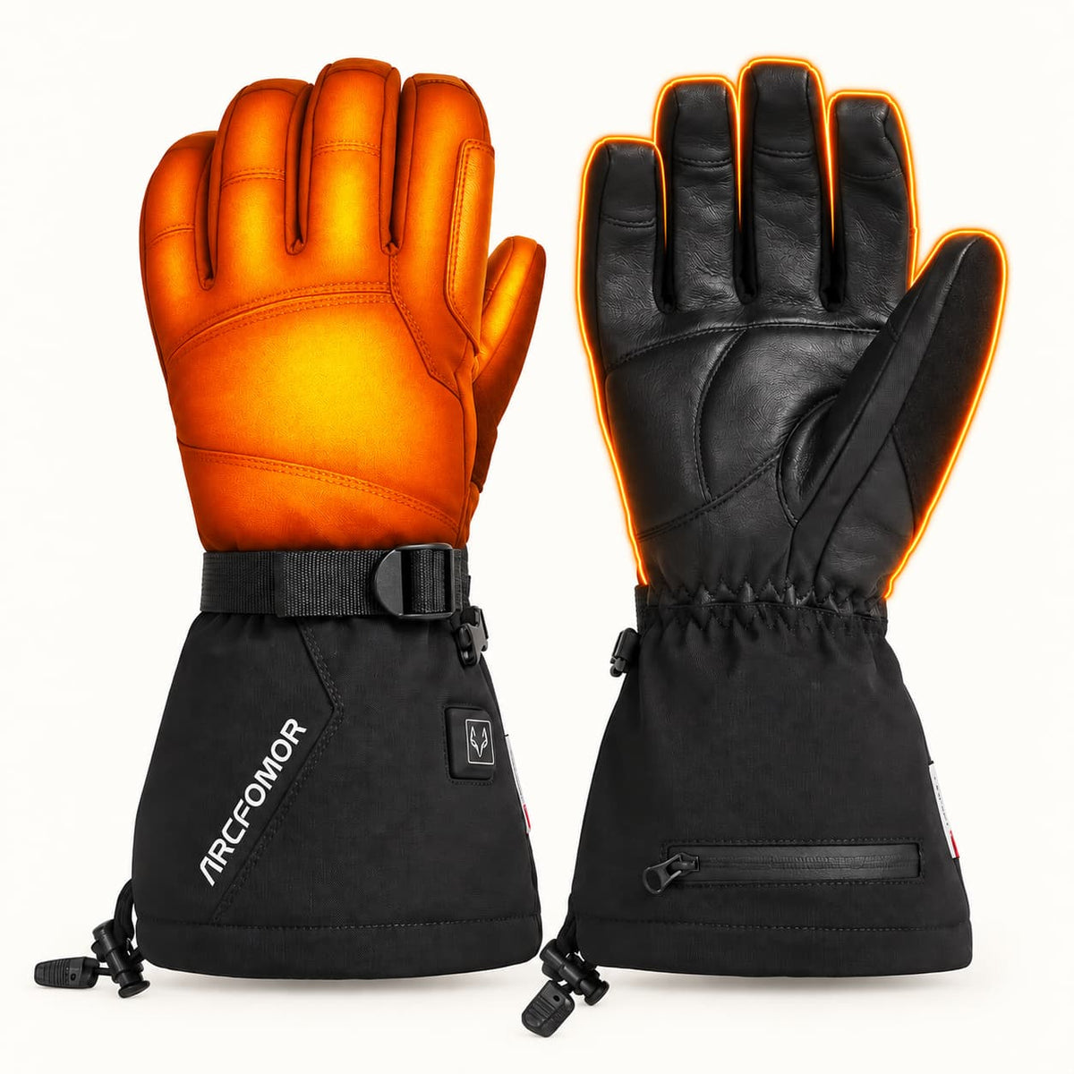 Crab Leg heated gloves with orange heat illustration on the hand and finger backs and an outline around the palm view.