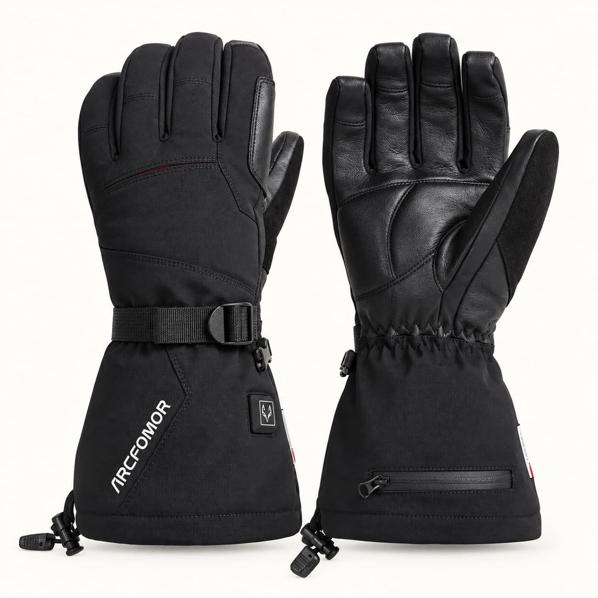 Black Arcfomor Crab Leg heated gloves showing the textile back, goatskin palm, adjustable wrist strap and long cuffs.