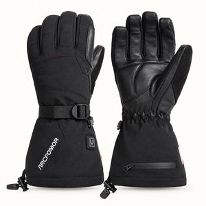 Black Arcfomor Crab Leg heated gloves showing the textile back, goatskin palm, adjustable wrist strap and long cuffs.