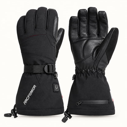 Black Arcfomor Crab Leg heated gloves showing the textile back, goatskin palm, adjustable wrist strap and long cuffs.