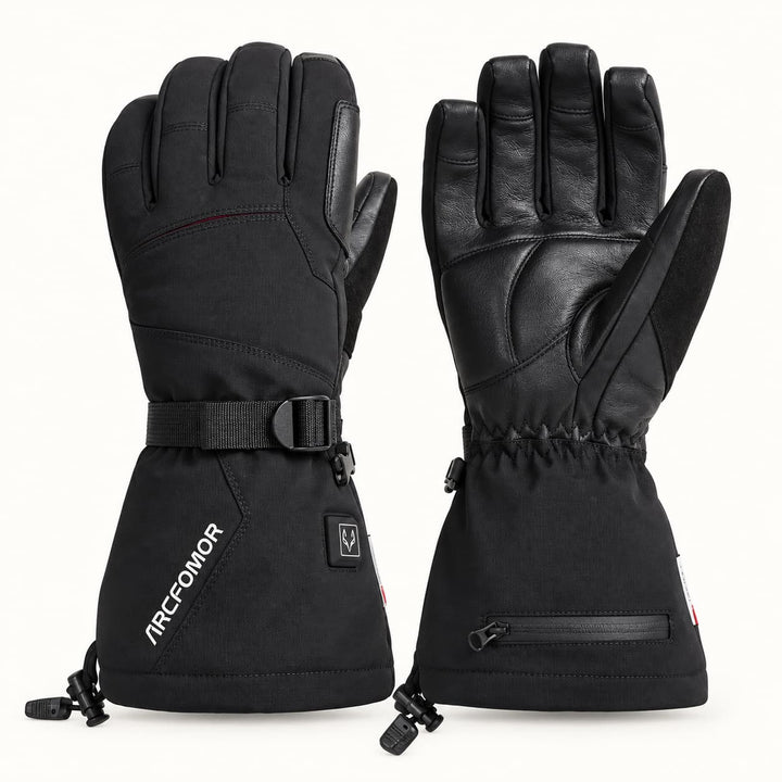 Black Arcfomor Crab Leg heated gloves showing the textile back, goatskin palm, adjustable wrist strap and long cuffs.