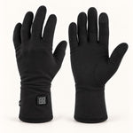 Pair of black Dragonfly heated glove liners shown from the back and palm, with a square cuff controller and touchscreen fingertip patches.