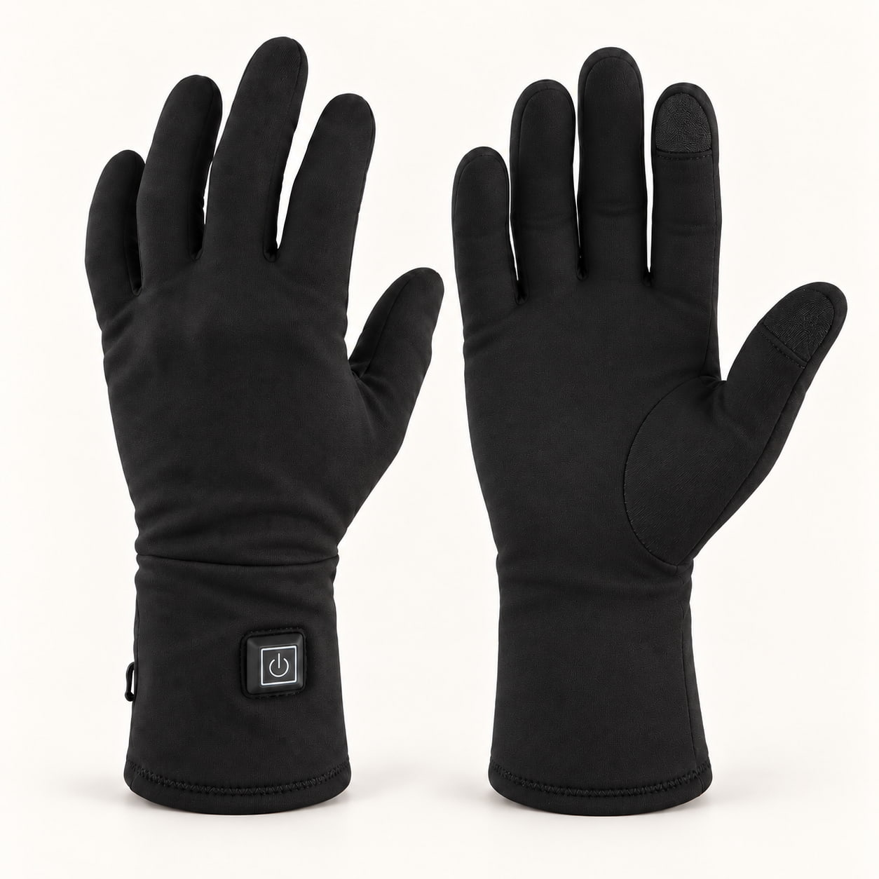 Pair of black Dragonfly heated glove liners shown from the back and palm, with a square cuff controller and touchscreen fingertip patches.