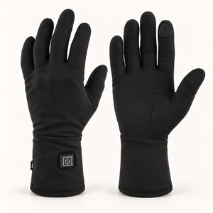 Pair of black Dragonfly heated glove liners shown from the back and palm, with a square cuff controller and touchscreen fingertip patches.