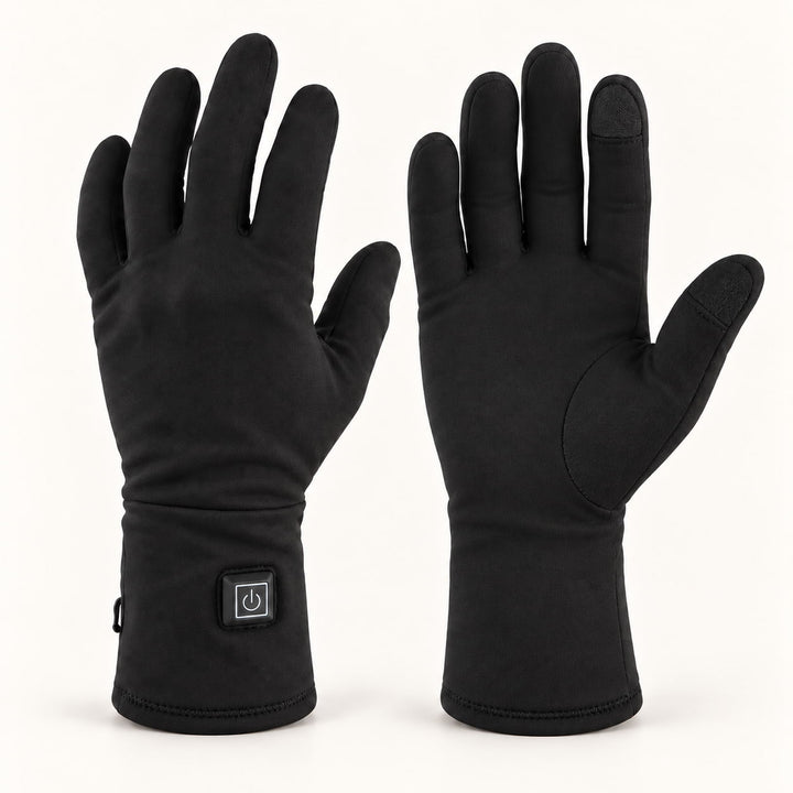 Pair of black Dragonfly heated glove liners shown from the back and palm, with a square cuff controller and touchscreen fingertip patches.