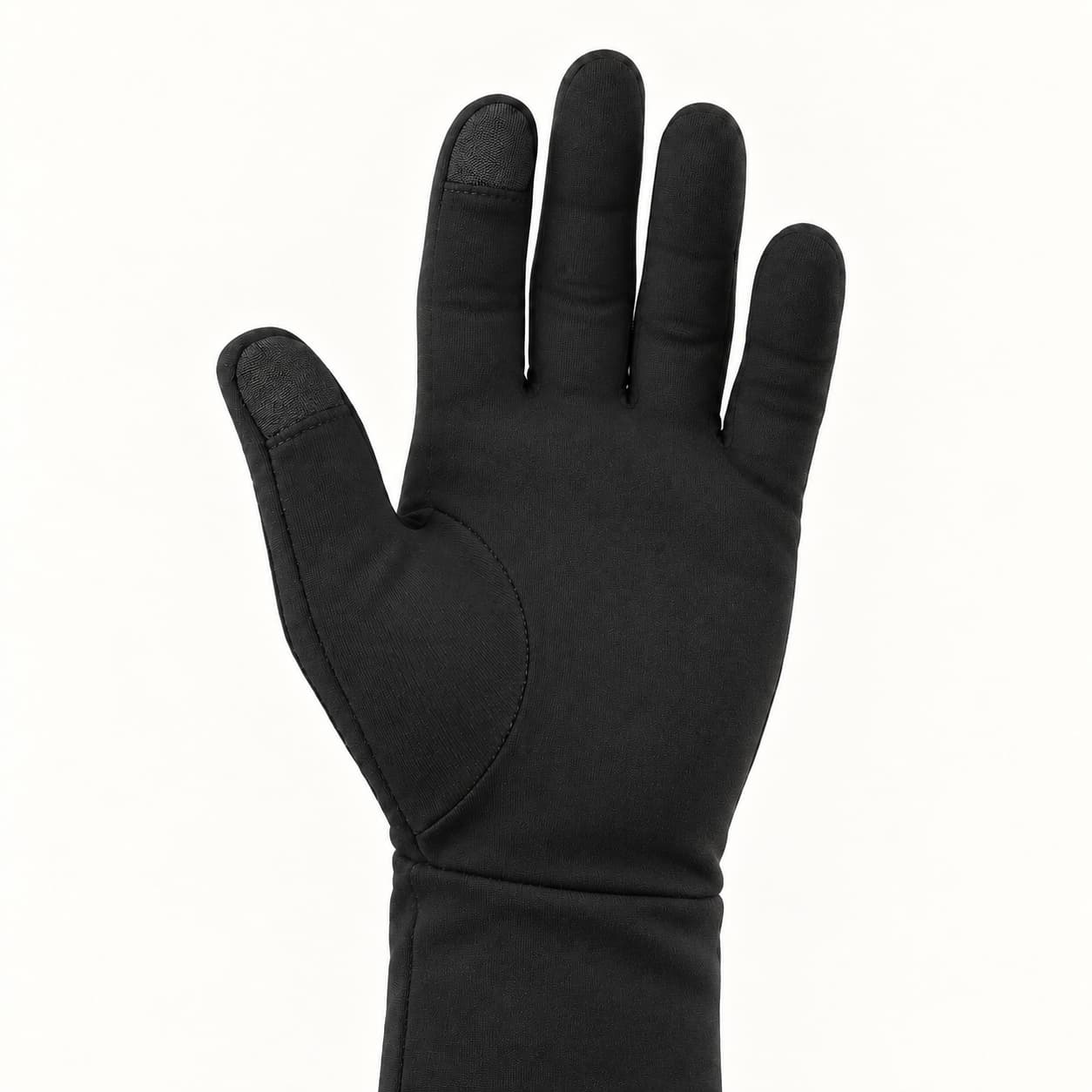 Palm view of a Dragonfly heated glove liner, showing the curved thumb panel and fingertip patches.