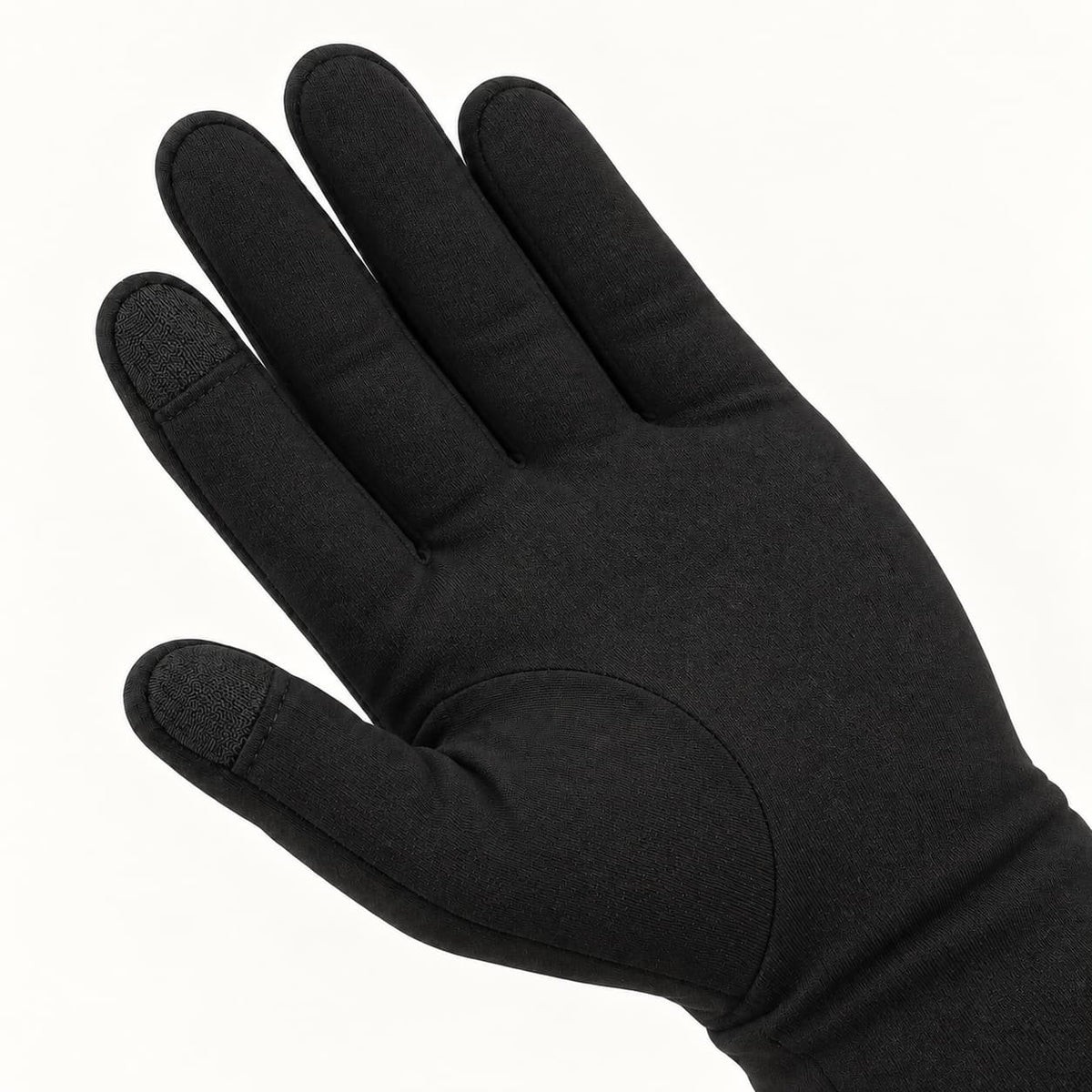 Close-up of the touchscreen-compatible fabric on the thumb and index finger of a Dragonfly heated glove liner.