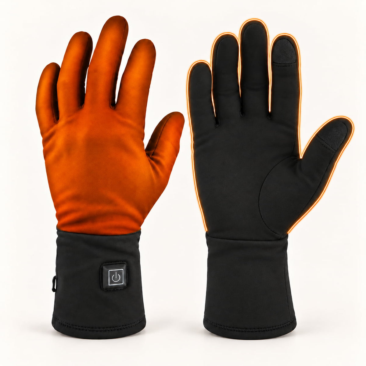 Dragonfly heated glove liners with illustrated heating zones across the back of the hand and the backs of the fingers.