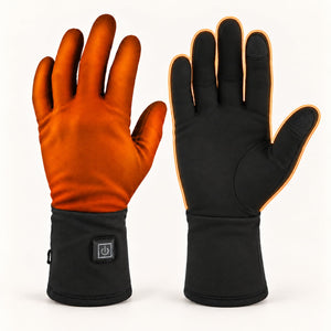 Dragonfly heated glove liners with illustrated heating zones across the back of the hand and the backs of the fingers.