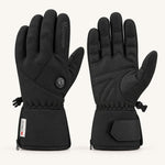 Black Ember 2.0 heated gloves shown from the back and palm, with gently curved fingers and adjustable cuffs.