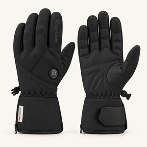 Black Ember 2.0 heated gloves shown from the back and palm, with gently curved fingers and adjustable cuffs.