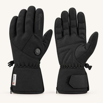 Black Ember 2.0 heated gloves shown from the back and palm, with gently curved fingers and adjustable cuffs.
