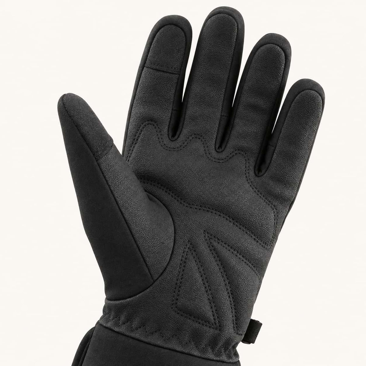 Close-up of the Ember 2.0 glove palm showing textured panels, curved thumb construction and fingertip details.