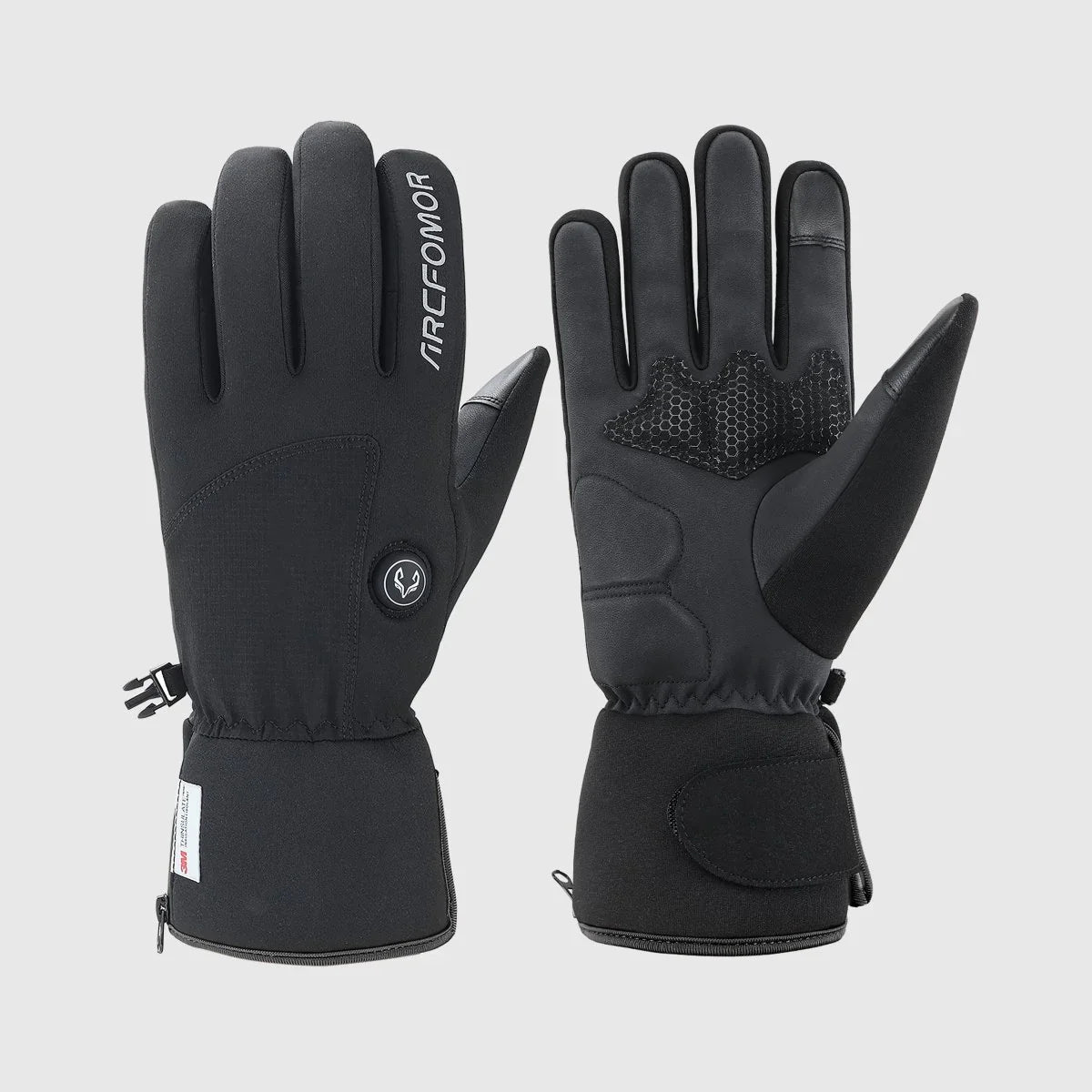 Earlier White Logo clearance style of Ember 2.0 heated gloves shown from the back and palm