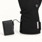 Feather glove with a rechargeable battery connected beside the open cuff pocket and a side hook-and-loop adjustment tab.