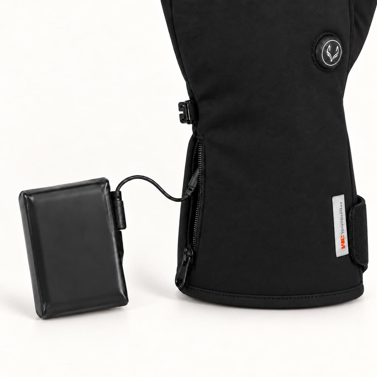Feather glove with a rechargeable battery connected beside the open cuff pocket and a side hook-and-loop adjustment tab.