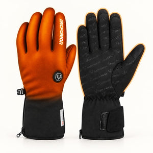 Feather heated gloves with illustrated heating zones across the back of the hand and the backs of the fingers.