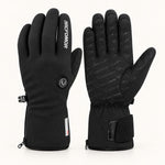 Pair of black Feather heated gloves shown from the back and palm, with a small index finger logo and patterned silicone grip.
