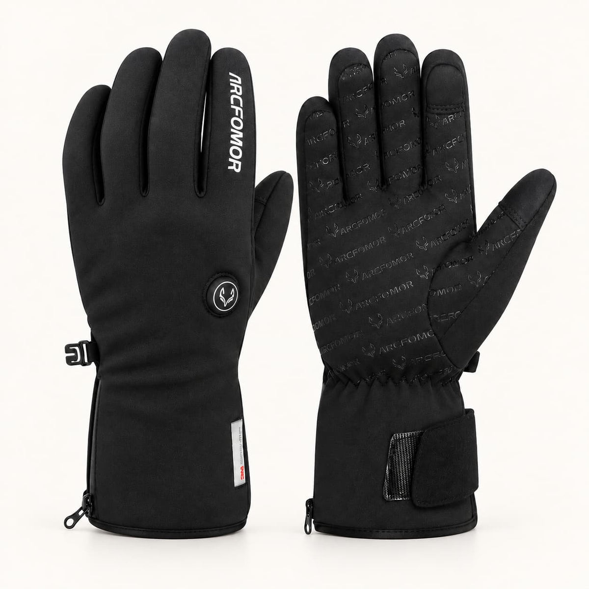 Pair of black Feather heated gloves shown from the back and palm, with a small index finger logo and patterned silicone grip.
