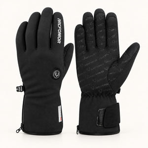 Pair of black Feather heated gloves shown from the back and palm, with a small index finger logo and patterned silicone grip.
