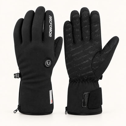 Pair of black Feather heated gloves shown from the back and palm, with a small index finger logo and patterned silicone grip.