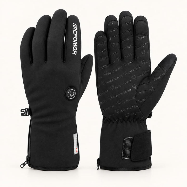 Pair of black Feather heated gloves shown from the back and palm, with a small index finger logo and patterned silicone grip.