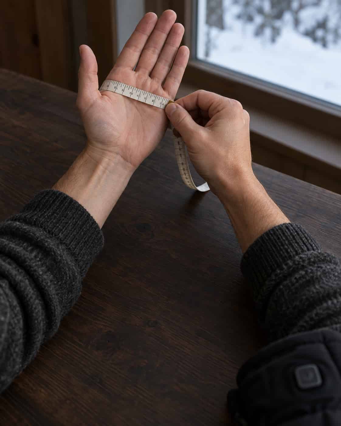 Measuring hand circumference with a soft tape measure before choosing heated gloves