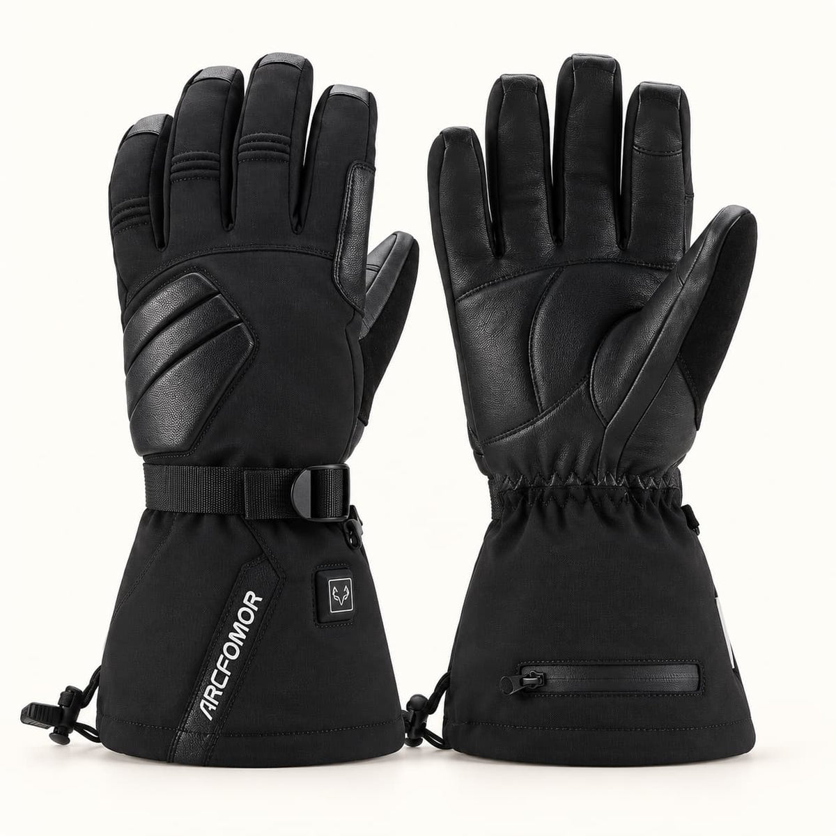 Black Arcfomor Helm heated outdoor gloves showing the padded textile back, goatskin palm and long drawcord cuffs.