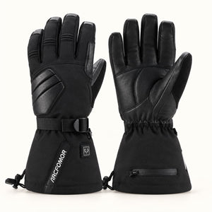 Black Arcfomor Helm heated outdoor gloves showing the padded textile back, goatskin palm and long drawcord cuffs.