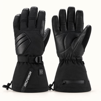 Black Arcfomor Helm heated outdoor gloves showing the padded textile back, goatskin palm and long drawcord cuffs.