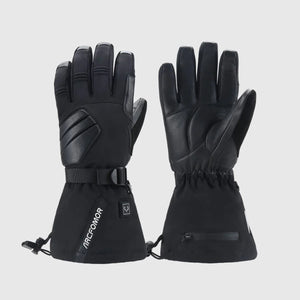 Black Helm heated outdoor gloves showing the polyester back, goatskin palm and long drawcord cuffs