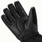 Close-up of the Helm glove's black goatskin palm, thumb panel and softly curved fingers, showing leather grain and stitching.