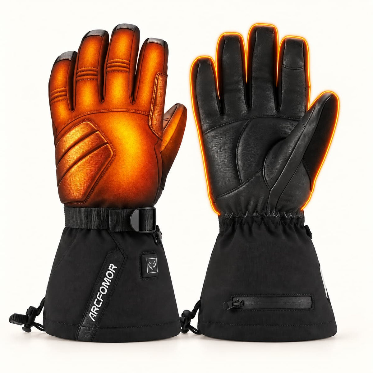 Helm heated gloves with illustrated warmth across the back and finger backs, and an orange outline around the palm view.