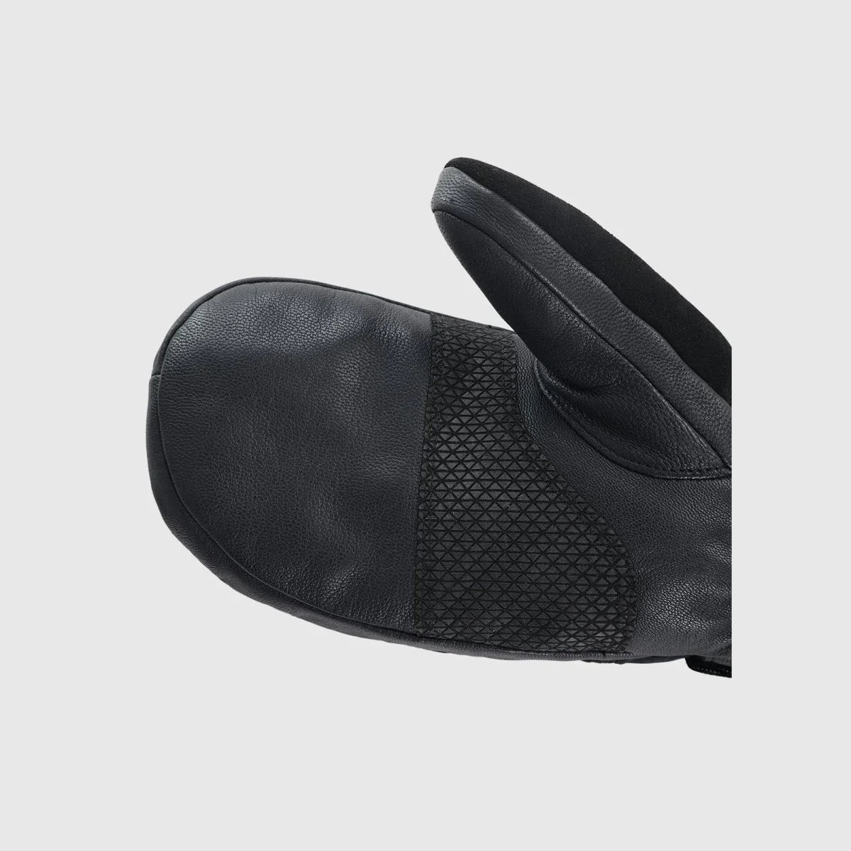 Close-up of the full goatskin palm and textured grip on Niagara Stone heated mittens