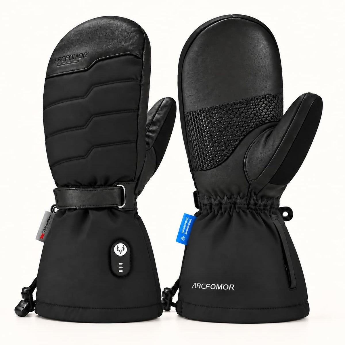 Black Niagara Stone heated mittens shown from the back and palm, with quilted fabric, goatskin panels and long cuffs.