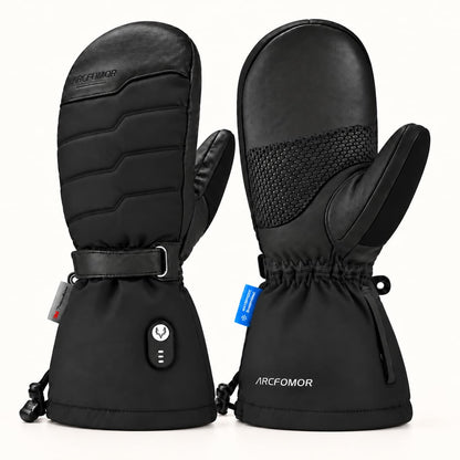 Black Niagara Stone heated mittens shown from the back and palm, with quilted fabric, goatskin panels and long cuffs.