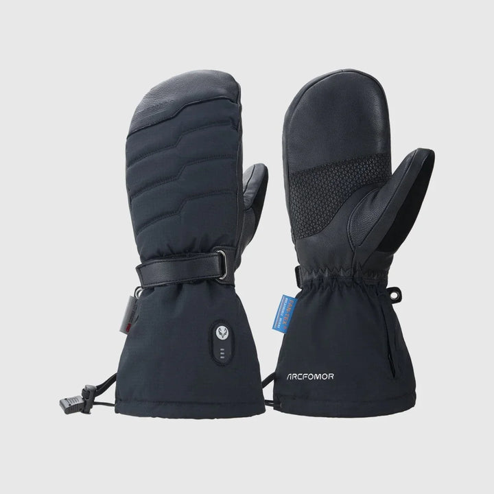 Niagara Stone waterproof heated mittens showing the back-of-hand controls and full goatskin palm