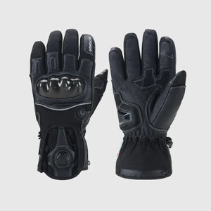Black Onyx 7.4V heated motorcycle gloves showing the back-hand shell and reinforced goatskin palm