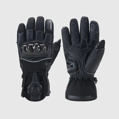 Black Onyx 7.4V heated motorcycle gloves showing the back-hand shell and reinforced goatskin palm