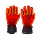 Stylized red-glow illustration of black Onyx heated motorcycle gloves; not a heating-zone diagram